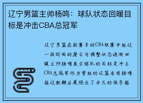 辽宁男篮主帅杨鸣：球队状态回暖目标是冲击CBA总冠军